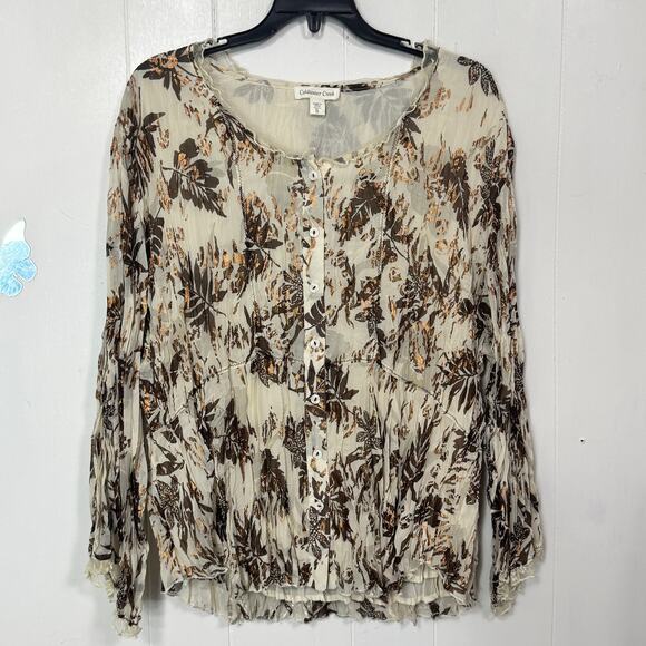 Coldwater Creek Womens Blouse Size XL Cream Bronze Metallic Earthy Button Front - Picture 1 of 11